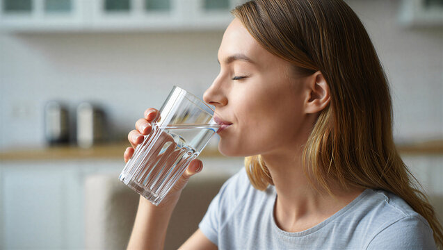 Serene young woman with closed eyes drinks water from glass at home