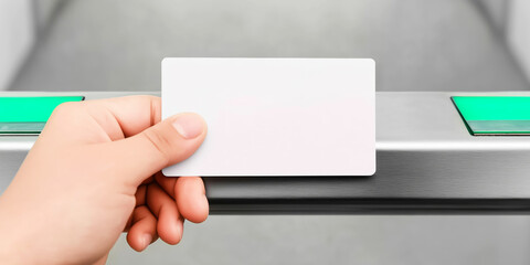 Obraz premium Hand holding blank access card tapping on electronic terminal, presenting smart card for digital identification
