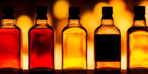 Liquor bottles presenting variety of spirits lined on a bar shelf with a warm golden background glow