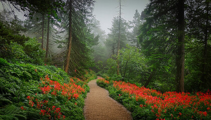 Narrow Path Meanders Through Dense Lush Forest With Vibrant Green Foliage Scattered Red Flowers Overcast Sky Casts Soft Diffused Light Creating Atmosphere Of Serene Mystery
