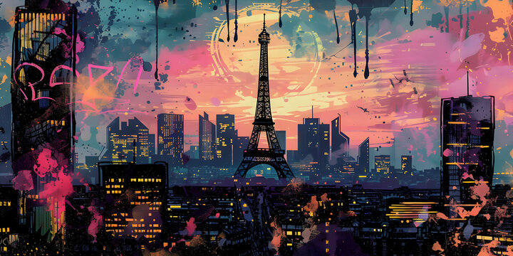 Paris pop art skyline with eiffel tower at sunset in comic book style