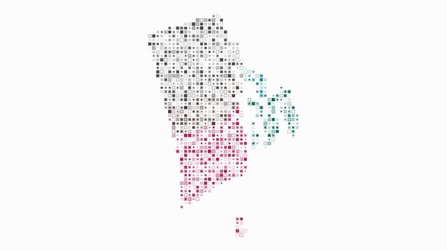 Rhode Island animation. Shape of the state with pulsating colored dots. Small size square blocks. Digital style map on white background. Vibrant video.