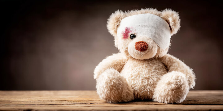 Teddy bear wearing bandage on head showing injury and wound symbolizing childhood trauma, pain, and medical care