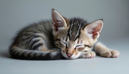 Fototapeta premium Tabby kitten sleeps peacefully indoors on a light gray surface. Small furry domestic pet rests comfortably curled up. Its eyes are closed, showing a tranquil and serene moment.