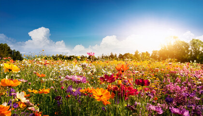 Vibrant Colorful Flower Meadow Under Sunny Sky