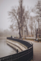 A curved path runs alongside a body of water in a park during a foggy morning. Bare trees line the path as a few people walk nearby, creating a quiet atmosphere