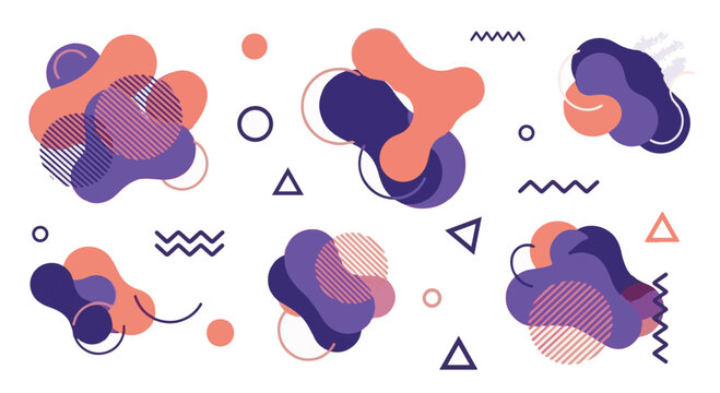 Set of abstract colorful liquid shapes with geometric memphis elements, organic fluid blobs and wavy lines for trendy graphic design and social media assets