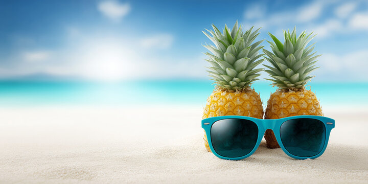 Pineapples wearing sunglasses on a sunny tropical beach, symbolizing summer vacation and fun