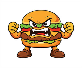 Obraz premium An angry cartoon hamburger character flexing its muscles showing a fierce expression