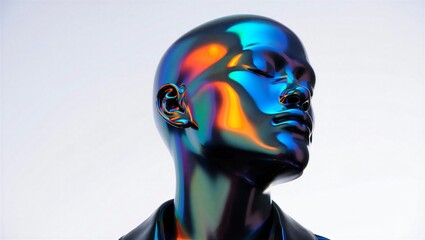 Abstract chrome mannequin head with vivid multicolor light refractions on a white background