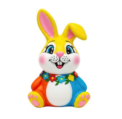 Colorful Easter bunny figurine with flowers on a transparent background. Festive holiday decor.
