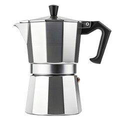 Silver and black stovetop moka pot coffee maker with a black handle and spout