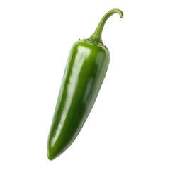 Single green chili pepper with glossy surface and pointed tip isolated on a transparent background