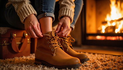 Woman tying boots by cozy fireplace