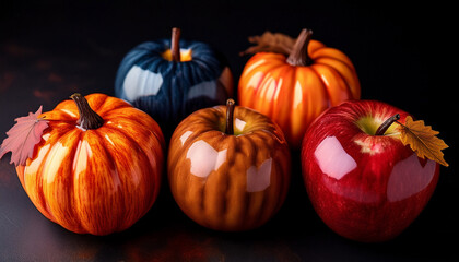 Halloween Food Pumpkin Pie Spooky Four Colorful Apples With Various Shades And Leaves Against A Black Background Highlighting Their Freshness And Appeal