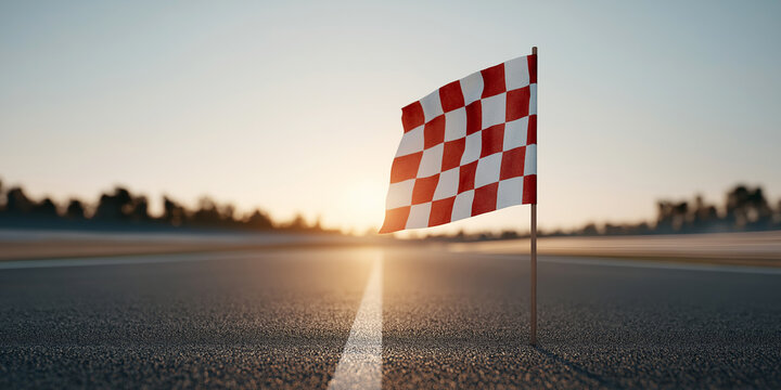 Checkered flag waving on a racetrack at sunset, representing victory, success, and achieving goals