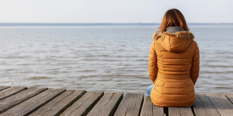 Woman experiencing solitude, sitting on a wooden pier, looking at the calm water and horizon