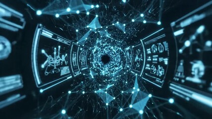 Dynamic abstract digital tunnel with glowing blue plexus network lines and dots creating a futuristic data flow pathway symbolizing advanced technology artificial intelligence and global connectivity. - Powered by Adobe