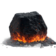 Smoldering piece of coal with glowing embers and smoke on a white surface isolated on a transparent background