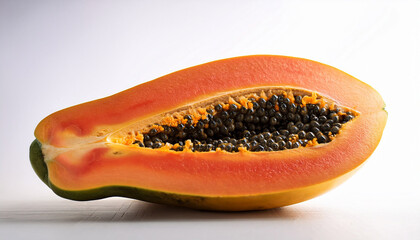 Papaya Fruit Cut And Displayed On A White Backdrop