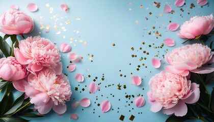 Pink Peony Flowers On Light Blue Backdrop With Scattered Confetti Floral Arrangement With Pastel Hues Delicate Petals And Celebratory Mood