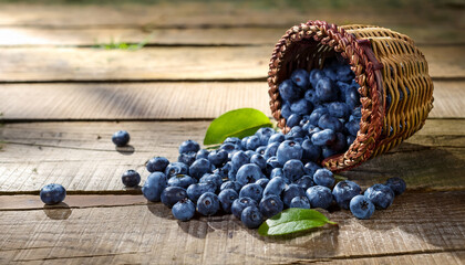 Wild Blueberries Overflowing From A Rustic Basket