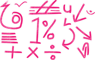 A colorful array of mathematical symbols and arrows in red on a white background for educational purposes