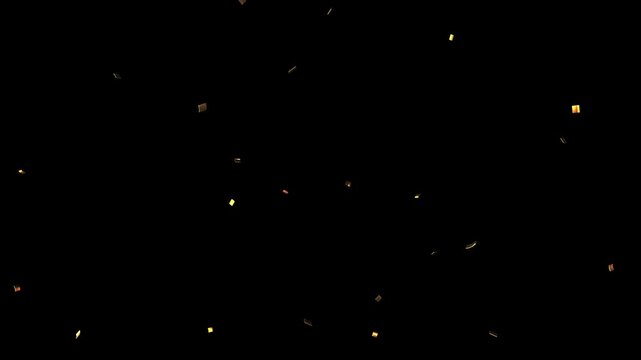 Gold confetti falling on transparent background with glittering gold particles, festive celebration motion graphic overlay