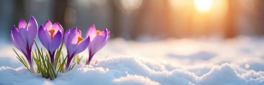 Purple crocuses emerge from snow in early spring sunlight. Delicate petals open revealing orange centers. First flowers signal seasonal change and nature renewal outdoors.