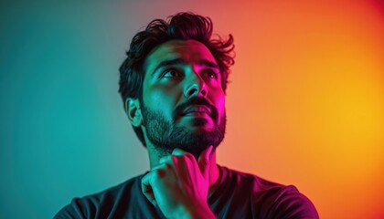 Man thinks deeply about new idea. His gaze upward shows spark of inspiration. Face lit by neon lights, he appears intelligent and focused on solution. This portrait captures a moment of eureka.