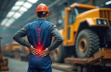 Factory worker with orange helmet holds lower back in pain near heavy yellow machine. Spinal column glows red showing ache, injury risk. Industrial setting.
