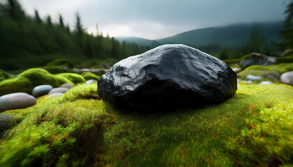 Large Shiny Black Rock With Sharp Edges Resting On Vibrant Green Moss With Smaller Dark Stones Around It In A Natural Outdoor Setting
