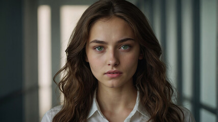 Modelo con estilo casual posando en entorno urbano interior con iluminaci&oacute;n suave