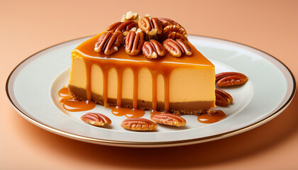 Pumpkin Cheesecake Topped With Caramel Drizzle And Pecans On A Pastel Background