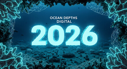 Futuristic Deep Ocean Digital Environment with Luminous 2026 and Wireframe Coral Structures