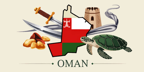 Oman culture illustration with map flag khanjar swords frankincense turtle fort and traditional Arabic heritage symbols