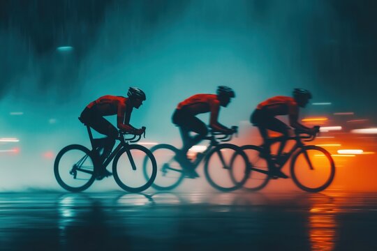 cyclists racing in urban night setting
