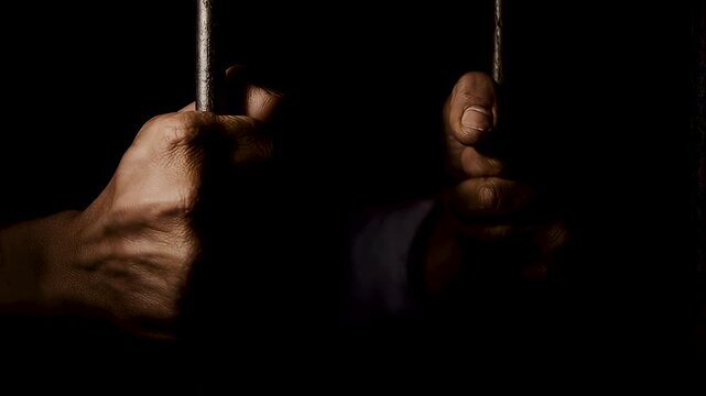 Hands gripping metal prison bars in dark low light setting conveying confinement captivity and human struggle within shadowed interior