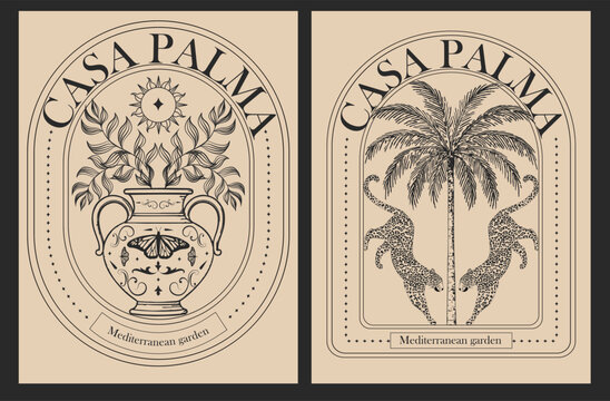 Boho vector posters. Elements in trendy bohemian gypsy style. Vintage tropical summer vibes. Coastal vacation drawings. Hand drawn illustration of palm trees, vase and leopards. Graphic posters