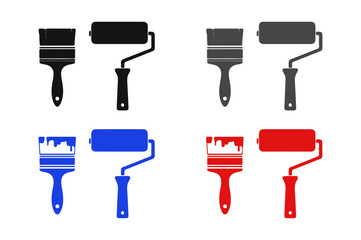Flat paint brush and paint roller icons set in black blue and red