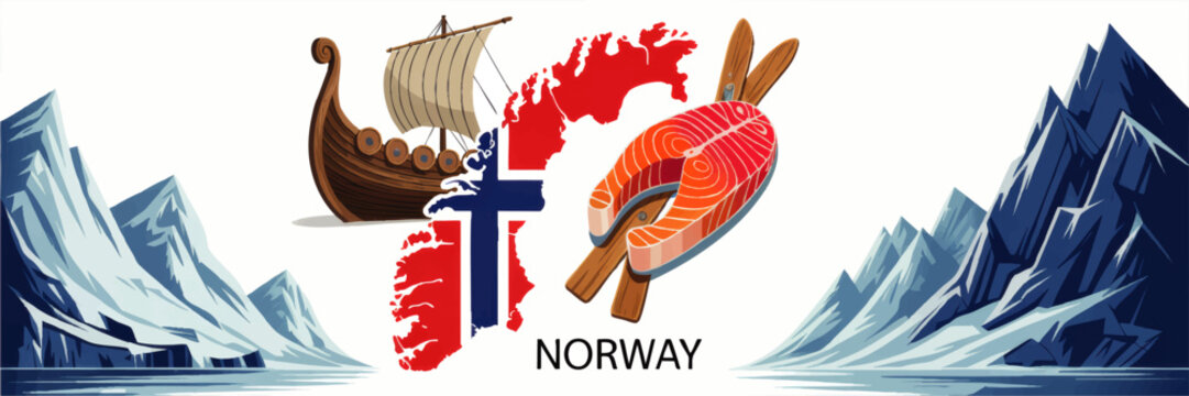 Norway travel banner with fjord mountains, Viking ship, salmon fish and Norwegian flag map, Scandinavian tourism vector illustration