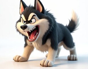 Obraz premium Furry malamute dog barks with angry facial expression. Fierce cartoon husky shows sharp teeth ready to bite. Playful pet has intense mood on clean white background.