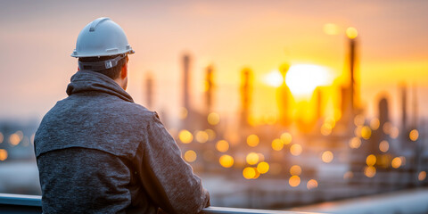 Male industrial worker wearing a yellow hard hat and gray jacket stands on a platform, overlooking an oil refinery with glowing lights in the background, showcasing a professional environment