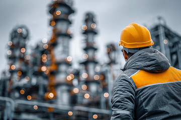 Male industrial worker wearing a yellow hard hat and gray jacket stands on a platform, overlooking an oil refinery with glowing lights in the background, showcasing a professional environment