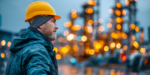 Male industrial worker wearing a yellow hard hat and gray jacket stands on a platform, overlooking an oil refinery with glowing lights in the background, showcasing a professional environment