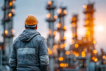 Male industrial worker wearing a yellow hard hat and gray jacket stands on a platform, overlooking an oil refinery with glowing lights in the background, showcasing a professional environment