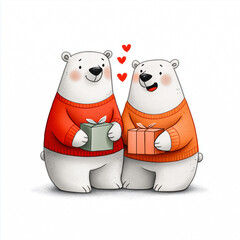 Two cartoon bears joyfully exchanging colorful gift boxes surrounded by floating hearts, celebrating love and friendship in a cheerful illustration