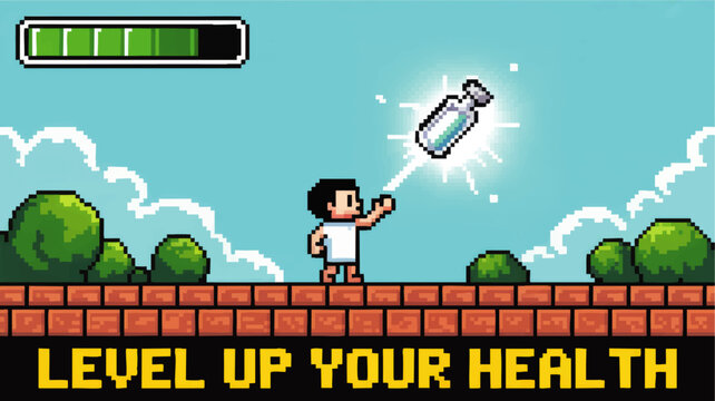 Retro pixel art video game scene with boy collecting magic water bottle to level up health bar in bright blue sky landscape