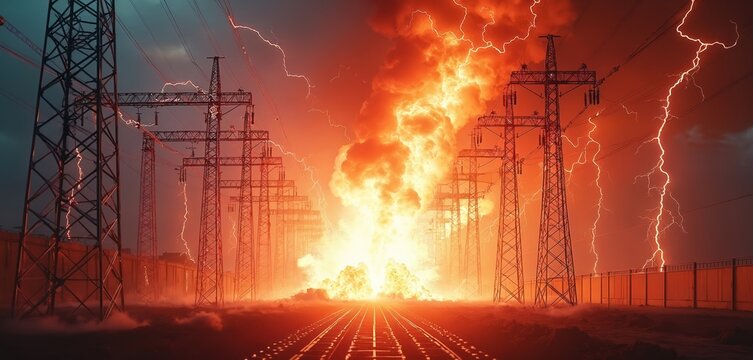 Massive electrical explosion erupts near power line towers. Bright orange flames engulf sky as lightning strikes illuminate dramatic scene. High voltage infrastructure faces extreme energy hazard.
