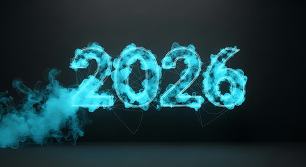 Striking Digital Representation of the Year 2026 with Energetic Cyan Smoke and Neon Outline
